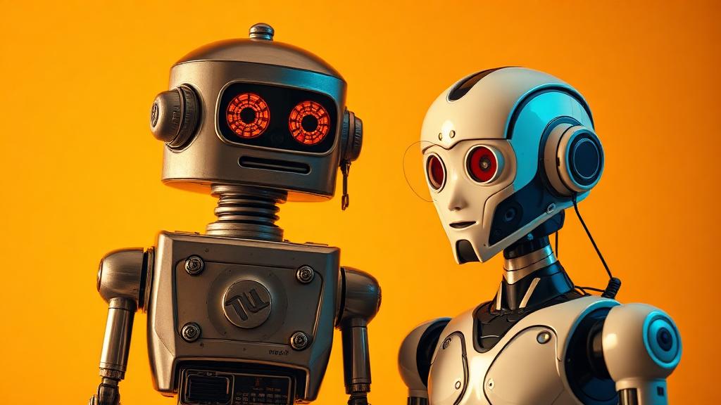 Vintage robot next to modern AI robot representing the evolution of artificial intelligence