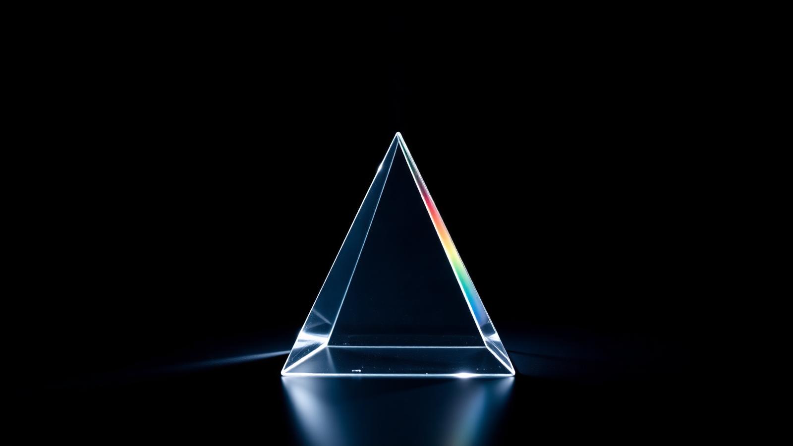 A glass prism refracting a beam of white light into a rainbow spectrum.