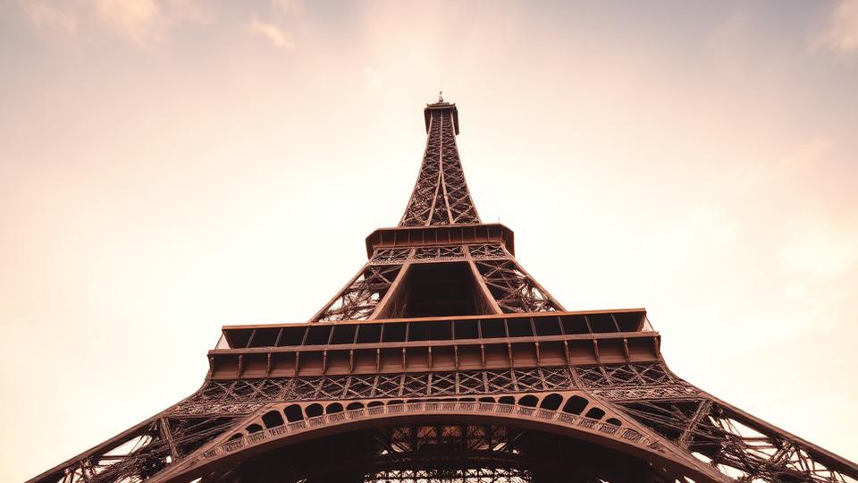 Eiffel Tower in Paris photographed from below looking up during golden hour sunset