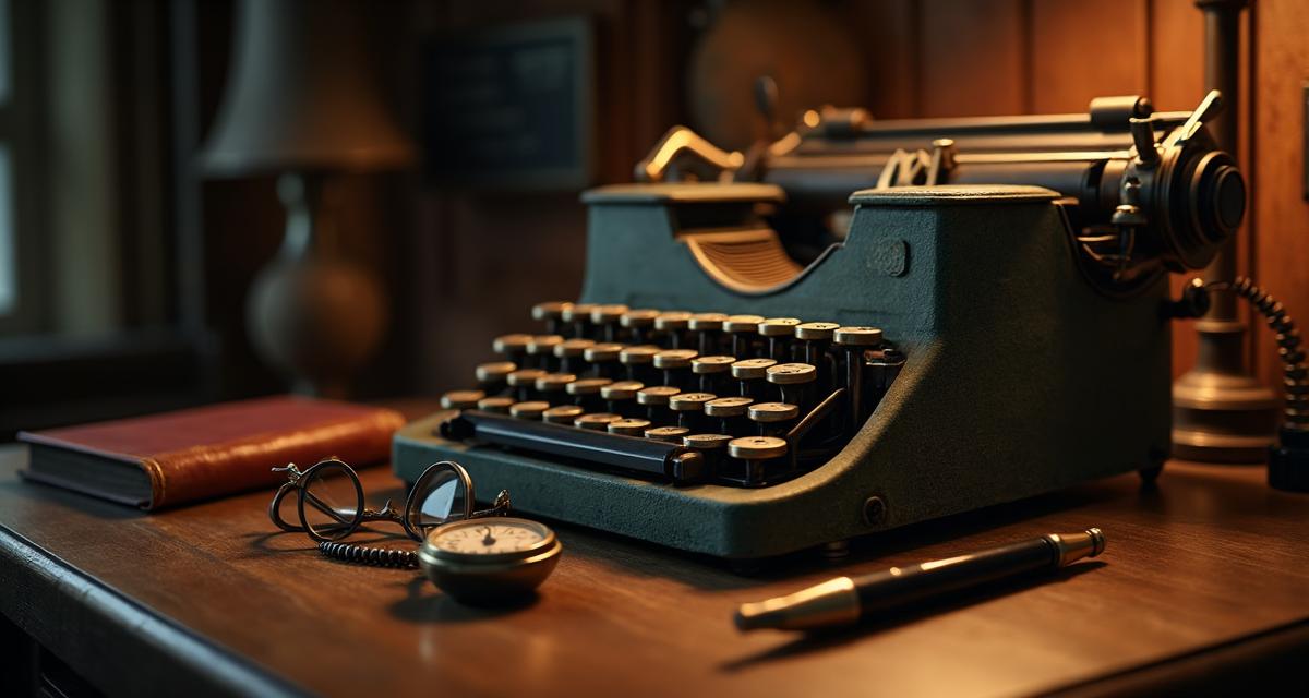 Vintage everyday objects including typewriter, pocket watch and glasses