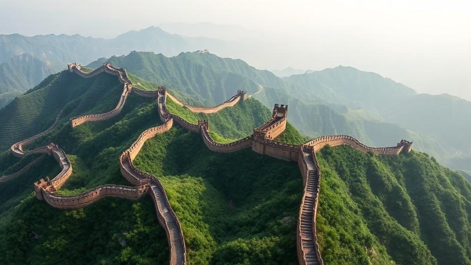 The Great Wall of China stretching across green mountainous terrain