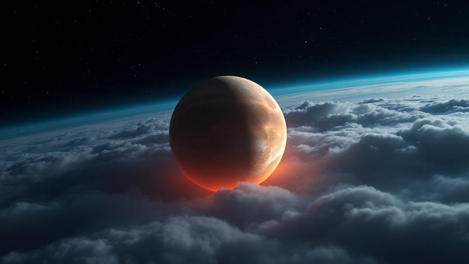 Planet Venus seen from space with thick clouds and atmosphere glowing against the starry background