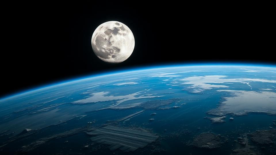 Full moon rising over Earth's horizon seen from space