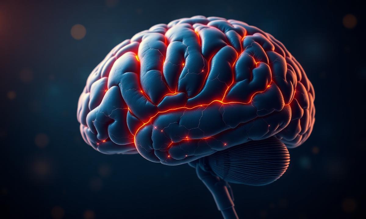Anatomical illustration of a human brain with glowing neural pathways