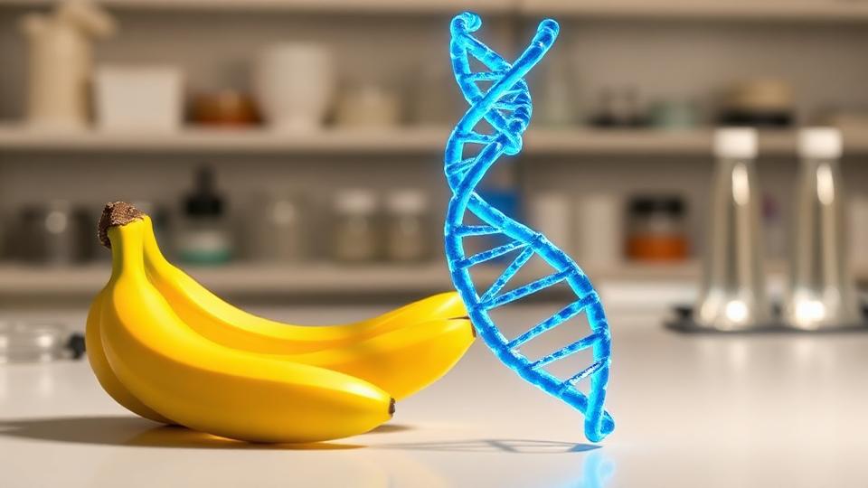DNA double helix structure next to a banana in a laboratory setting