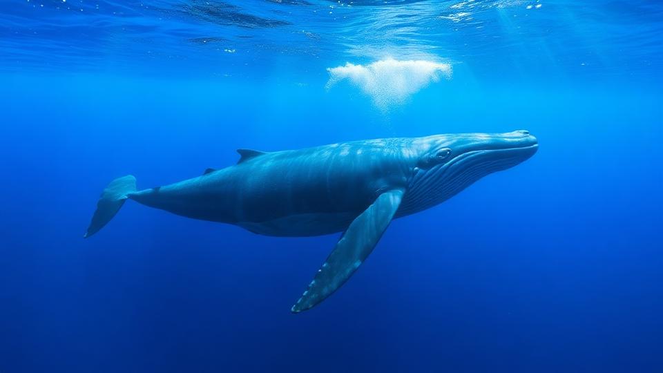 Blue whale swimming underwater in deep blue ocean
