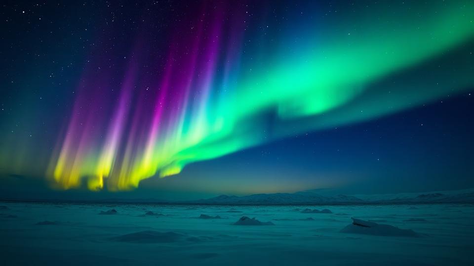 Vibrant green and purple northern lights dancing across a starry Arctic sky