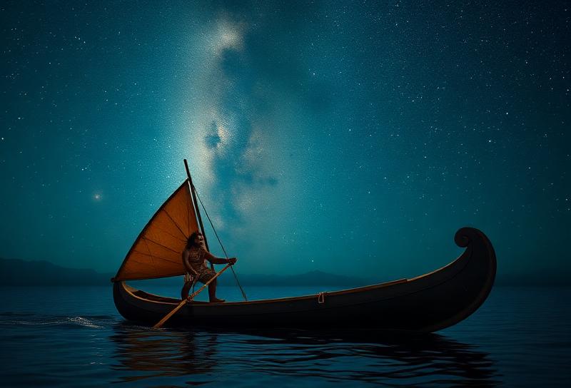 Polynesian wayfinder navigating by stars