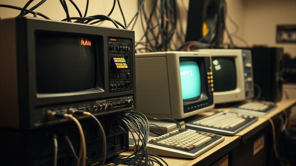 Vintage early computer and networking equipment with cables connected in a retro lab