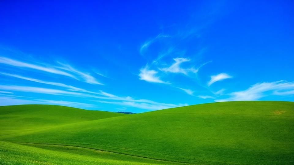 Clear blue sky with wispy white clouds over a green landscape